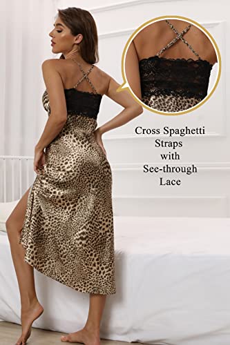 Alcea Rosea Womens Sleepwear Lace Lingerie Chemises V Neck Nightgown Sexy Long Sleep Dress Sleeveless Lace For Women Elegant (Leopard, Xxl) #TOP2