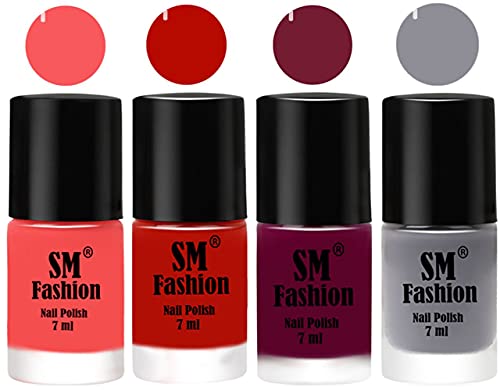 Image of Nail Polish Combo Set (Pack of 4) Quick Dry Gel Finish Nail Paint | Light Pink,Red Orange,Mulberry,Gray | 7 ml Each