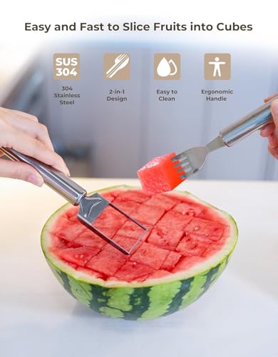 Image of Watermelon Fork Cutter Slicer Tool | 2-in-1 Stainless Steel Fruit Knife | Watermelon Cutting Tool for Home, Outdoor Parties and Family Dinners | Kitchen Gadget (4 Pieces)