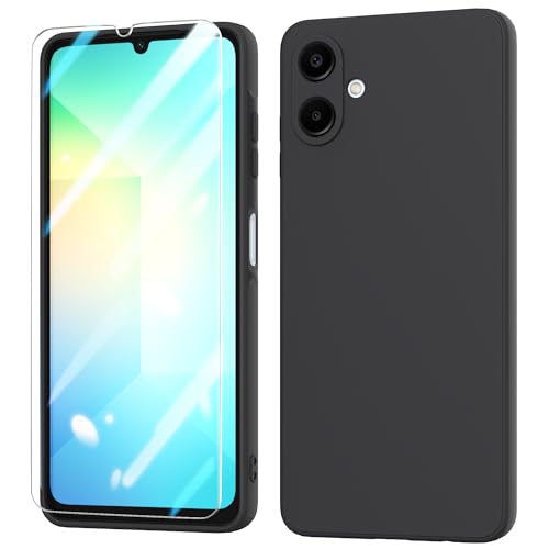 BUTISHIYU Funda para Samsung Galaxy A06 4G con Tres Cristal Templado Protector de Pantalla, Púrpura Suave Líquido Silicona Protectora Carcasa para Samsung Galaxy A06 4G - Nero