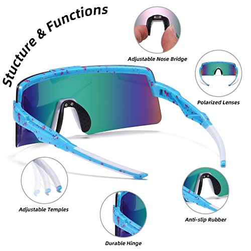 Omekol Polarized Sports Sunglasses Cycling Glasses Uv400 Mountain Bike Goggles Mtb Riding Bicycle Eyewear Men Women Baseball Running Fishing Golf Outdoor - Blue Frame With Purple Dots/Purple Lens #TOP5