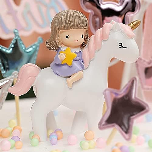 Unicorn Cake Topper, Birthday Cake Decoration, 15 Pcs Including 1 Unicorn Girl Image, 8 White Paper Clouds, 5 Balloons, 1 Rainbow for Girl Kid Women Birthday Party