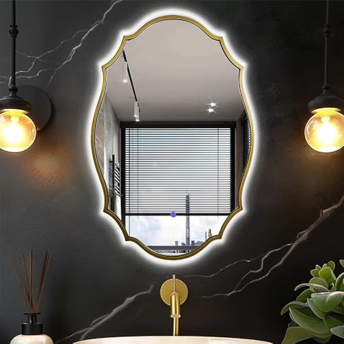 ZCFXIFGF Specchio LED Specchio da Bagno Francese Specchio da Parete Barocco dimmerabile a 3 Colori Specchio da toeletta Irregolare Specchio Decorativo Antico Dorato con Interruttore Touch (Oro Antic