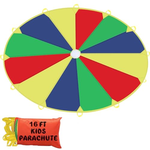 Image of Sonyabecca Kids Play Parachute, Play Parachute 16ft with 12 Handles for Kids Cooperation Group Play