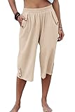 Veatzaer Womens Capris Half Length Cropped Pants Soft Cotton Capri Pants Loose Short Pants(Khaki,S)