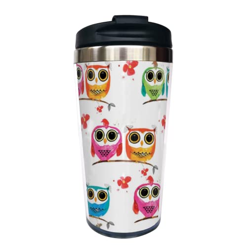 Fenmshairy Cute Colorful Woodland Owls Travel Coffee Mug, Stainless Steel Thermal Insulated Tumbler Cup with Filp Lid, Holiday Christmas Birthday Gift for Men Women Best Friend Bestie Sister, 13 Oz