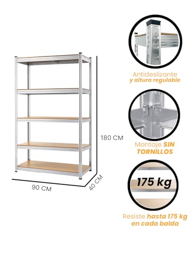 Jardin202 - Estantería Metálica con Baldas Ajustables | 5 Baldas | Carga 875 Kg | Unidad (Plata - Estantería) - imagen 3
