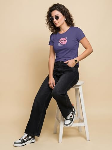 Image of JUNEBERRY Women's Regular Fit Printed Tee - 100% Pure Cotton, Round Neck, Half Sleeve Graphic T-Shirt for Daily Use (Colors: Red, Brown, Green & Future Dusk)