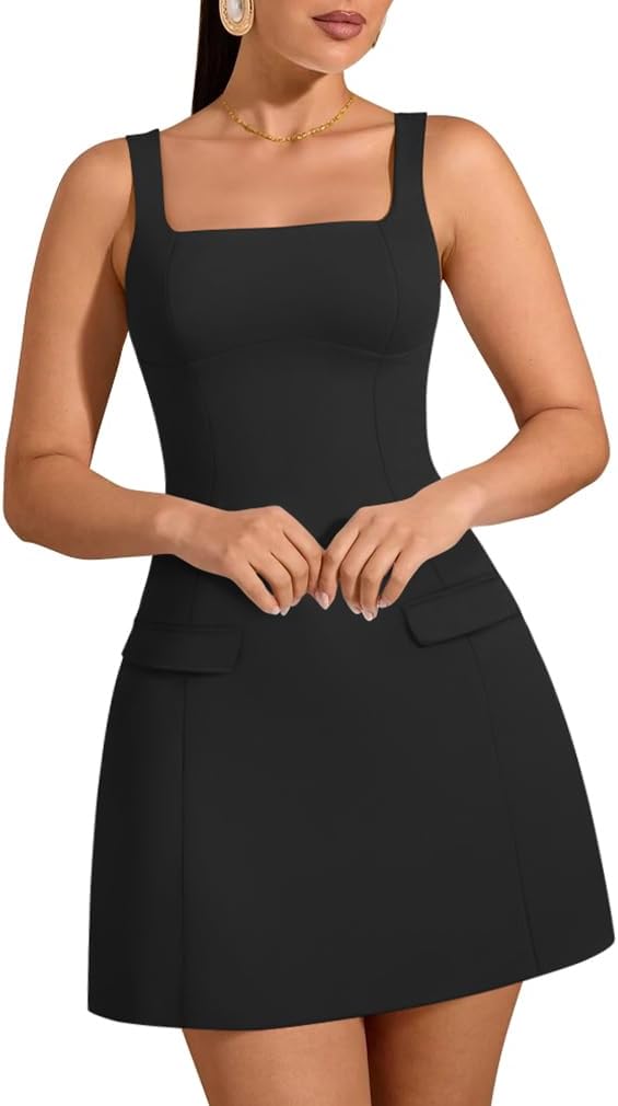 HYZ Women's Summer Sexy Square Neck Sleeveless A-Line Party Tank Top Mini Dress