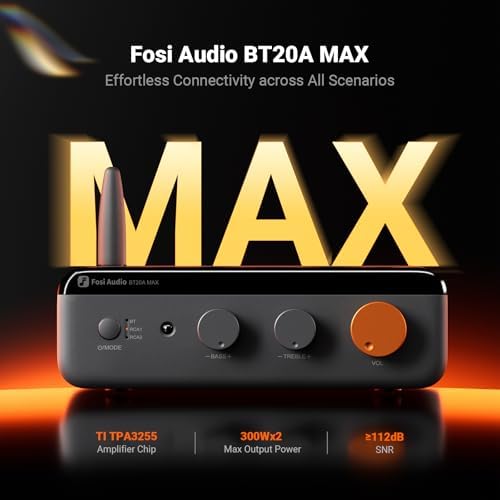 Fosi Audio BT20A MAX Stereo Power Amplifier, 300W x 2 Hi-Fi Audio Amp with PFFB Technology, LDAC Bluetooth 6.0, Dual Independent Power Supply, Remote Control, Perfect for 2.1 Systems & Home Audio