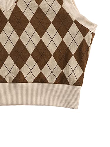 Shein Women's V Neck Plaid Print Sweater Vest Sleeveless Rib-Knit Crop Tank Tops Brown And Khaki Small #TOP3