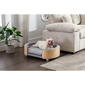   Scandinavian-Style-Elevated-Dog-Bed-Pet-Sofa-with-Solid-Wood-Legs-and-Bent-Wood-Back-Velvet-CushionMid-Size-Light-Grey