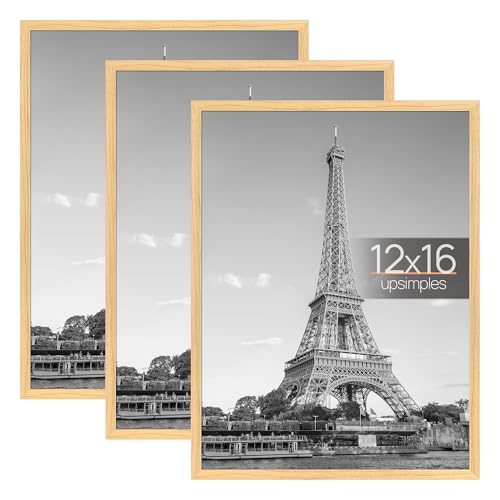Image of upsimples 12x16 Picture Frame Natural 3 Pack, Scratch-Proof Poster Frames 12 x 16 for Photo Gallery - Slide-In Strips, Horizontal or Vertical Wall Mounting