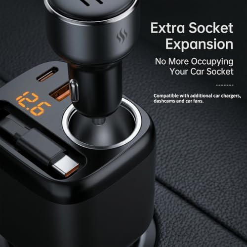 Cargador de coche de 78W multipuerto triple con cable USB C retráctil integrado 5