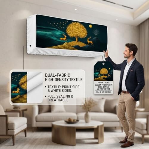 Image of Printed AC Cover for Indoor Split AC 1.5 Ton (Golden Deer New) | Air Conditioning Dust Cover, Folding Designer, 97 x 31 x 21.5cm