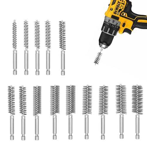 ROSYLEVE Juego de 14 cepillos de alambre para taladro, 8-25 mm, 1/4 pulgadas, cepillo de acero inoxidable, limpiador de tubos con mango, para taladros de impacto, limpieza eficiente de agujeros