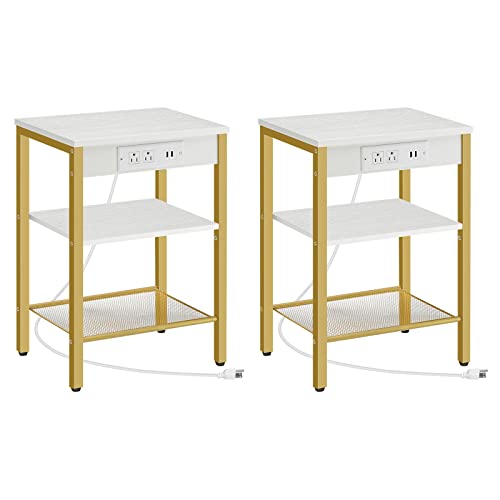 HOOBRO Set of 2 End Table with Charging Station and USB Ports, 3-Tier Nightstand with Adjustable Shelves, Side Table for Small Space, Living Room, Bedroom Modern Style, Gold and White DW112BZP201G1