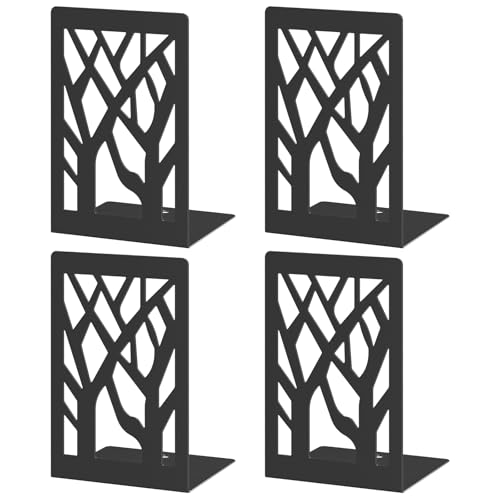 VFINE 4-Piece Modern Metal Bookends for Shelves, Black Tree Book Ends for Books, Decorative Book Organizer for Desk, Non-Skid Shelve Bookends for Home Office