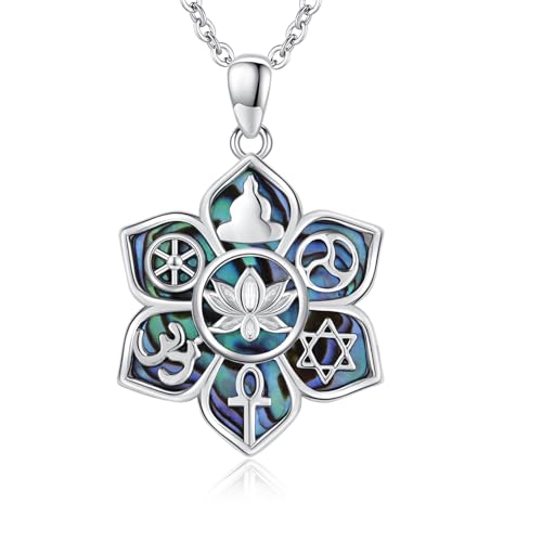 TRISHULA Lotus Necklace 925 Sterling Silver Lotus with Abalone Shell Pendant Necklace Coexist Yoga Lotus Jewelry for Women
