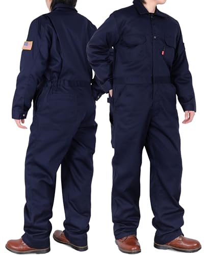 BOCOMAL FR Coverall Men 7.5oz Twill Cotton Flame Resistant/Fire Retardant Work Coveralls NFPA 2112 Navy