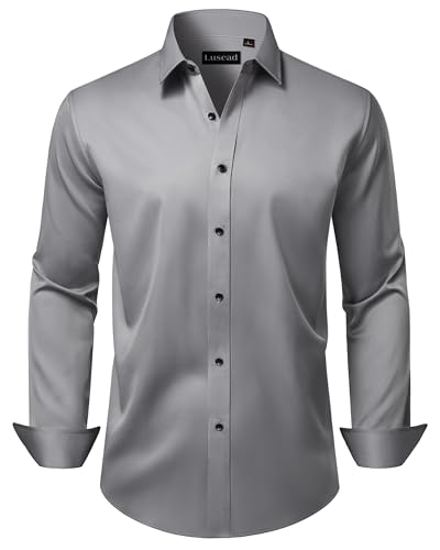 Lusead Grey Mens Dress Shirts Wedding Slim Fit Long Sleeve Stretch Wrinkle Free Formal Silver Button Up Shirt Men
