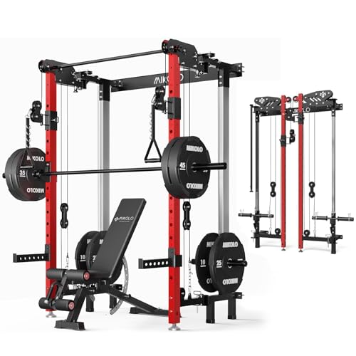 Image of Mikolo Folding Squat Rack, Wall Mounted Power Rack with Cable Crossover Machine & LAT Pull Down, Functional Trainer with 5 Adjustable Function Modes, Home Gym Package