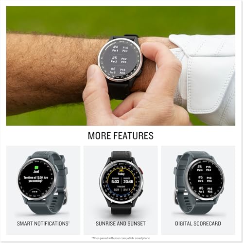 Image of Garmin Approach S44, Essential Golf GPS Smartwatch, AMOLED Display, On-Course Features, Silver Aluminum Bezel with Black Silicone Band