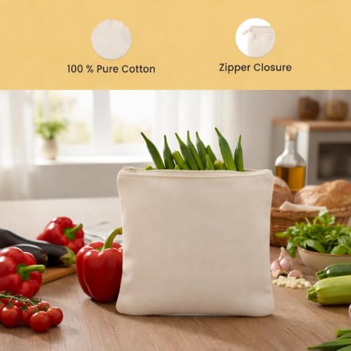 Image of 100% Cotton Reusable Vegetable Storage Bags for Fridge | Washable Breathable Zipper Cloth Bags | Eco Friendly Kitchen Organizer for Fruits & Veggies (Pack Of 6 Plan)