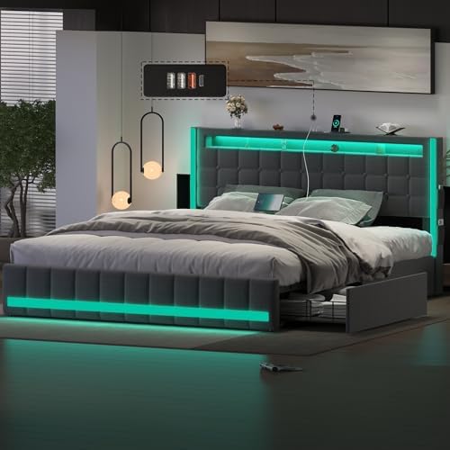 Upholstered Queen Size Bed Frame with 4Storage Drawer,RGB LED Light,Charging Station,Adjustable Headboard,Slats Support,No Box Spring Needed,Dark