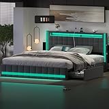 Dnxao Upholstered Queen Size Bed Frame with 4Storage Drawer,RGB LED Light,Charging Station,Adjustable Headboard,Slats Support,No Box Spring Needed,Dark