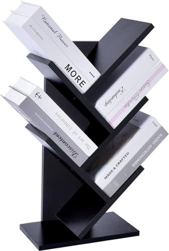 Eculcki ブックスタンドデスク上置棚 収納 ツリー型 本棚 飾り棚 ブックシェルフ 書棚 ブックラック オフィス収納ラック 木目調 省スペース ホーム/オフィス用 雑誌/新聞/書類入れ 多機能 (ブラック)