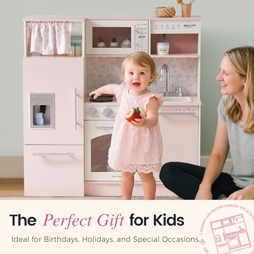 image for Tiny Land Play Kitchen for Kids, Upgraded Wooden Kitchen Toy with Comp