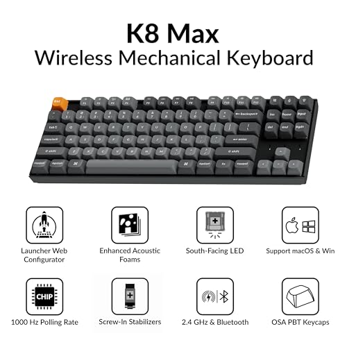 Image of Keychron K8 Max TKL Mechanical Keyboard Wireless, 87 Keys QMK 2.4 GHz /Bluetooth 5.1 /Wired Connection, White Backlit with Programmable Keychron Super Brown Switch for macOS Windows Linux