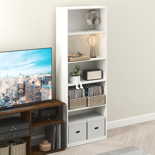Image of Furinno GEHRY DVD Shelf, 5-Tier CD Rack, Media Shelf with Adjustable Shelves, DVD Storage Cabinets for CD Bluray Game Disc, Easy Assembly, for Living Room, Home Office, White