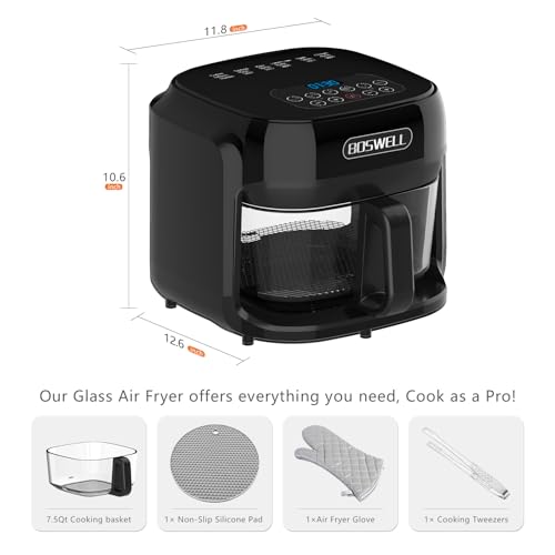 Image of BOSWELL Glass Air Fryer, 7.5QT with Transparent Fry Bowl, Circulating Heating, Temperature Control, Air Fryer Roast, Dishwasher Safe