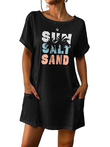AI'MAGE Strandkleid Damen Shirtkleid Luftig Strandshirt Loose Sommer Bikini Cover Up mit Taschen Beach Dress Strandponcho Schwarz A S
