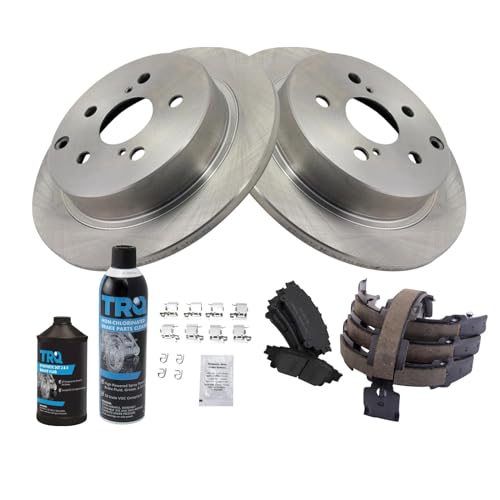 Image of TRQ Rear Brake Pad & Rotor Kit, with Chemical Kit Parking Brake Shoe Set Ceramic Compatible with 2016-2019 Toyota Mirai 2012-2017 Prius V