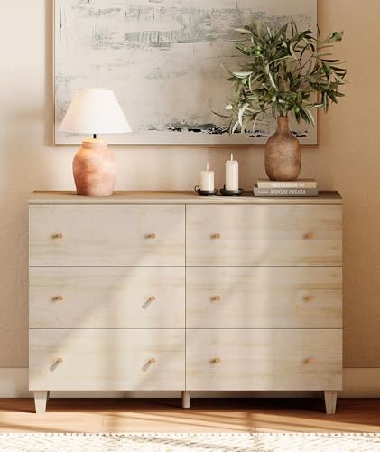 Image of WAMPAT 6-Drawer Dresser for Bedroom, Modern Chest of Drawers with Gold Knobs, 47.2 Inch Wide Light Oak Wood Finish Storage Organizer for Kids Room, Living Room, Nursery