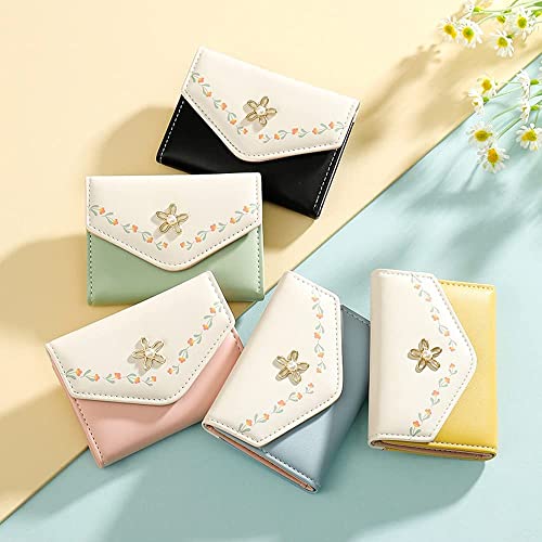 Kuifang Girls Cute Flowers Print Wallet, Small Tri-Folded Aesthetic Wallet, Pu Leather Purse Cash Pocket Card Holder Id Window Purse For Women(Green) #TOP6