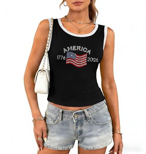 SWTJIC Womens 4th of July Tank Top Patriotic American Flag Shirt 250 Anniversary Sleeveless Tops Black XS
