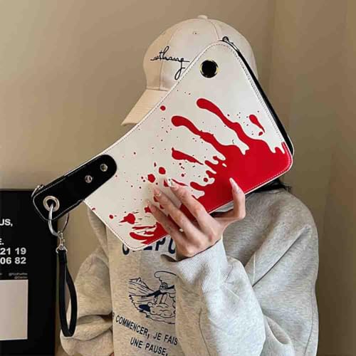Image of PU Leather Creative Prank Knife Shoulder Bag, Japanese Cartoon Gothic Horror Crossbody Bag, Bloody Axe Chopper Clutch Purse