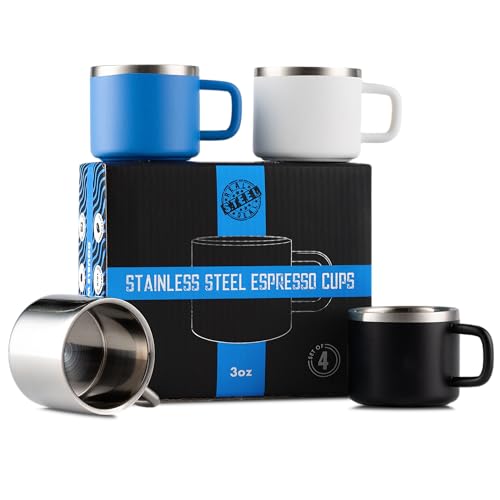 Stainless Steel Espresso Cups: Set of 4 Double Wall Insulated 3 oz Small Metal Cups with Handle, Assorted Color, Demitasse