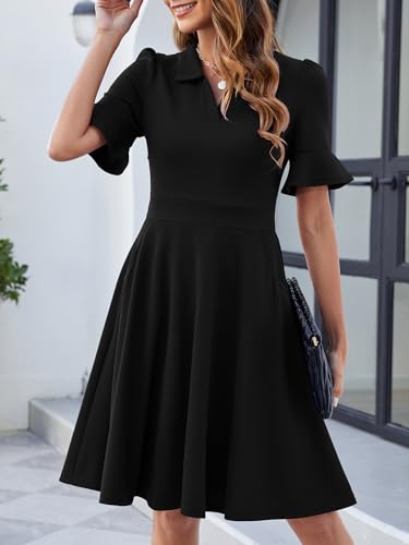 Womens Summer Ruffle Sleeve Collared V Neck Fit and Flare Elegant A line Swing Dresses with Pockets4
