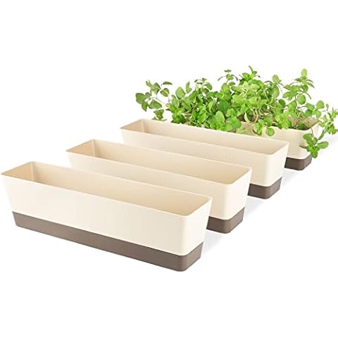 GREANER 4 Pack Window Box Planter, Suream 12x3.8 Inch Indoor Succulent Pots with Tray, Plastic Rectangle Plants, Cactus Containers for Office, Windowsill, Garden Balcony, Porch Outdoor Decoration Cover