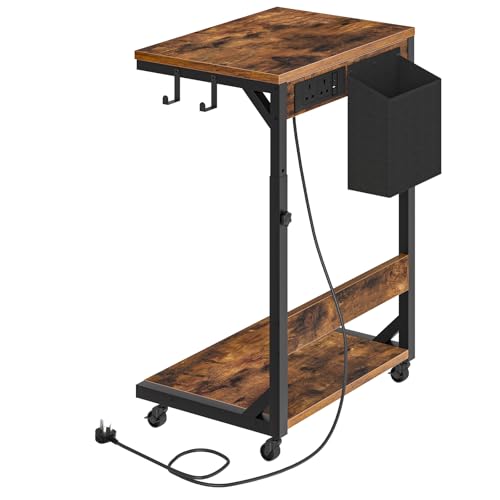 Image of HOOBRO Computer Tower Stand, Printer Stand with Charging Station on Wheels, Height Adjustable PC Stand with 2 Hooks and 1 Fabric Pocket, for Living Room, Bedroom, Rustic Brown and Black EBF02KZJ01