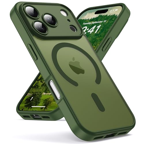 Oududianzi-Coque pour iPhone 17 Pro Compatible avec MagSafe Magnétique, Housse de Arrière Translucide Givrée PC, TPU Silicone Bumper Étui Protection Antichoc Militaire Anti-Empreintes-SogeGreen