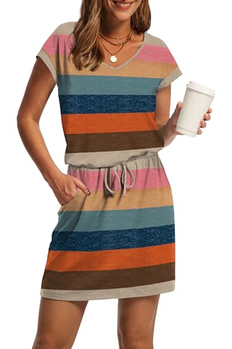 Image of OFEEFAN Summer Dresses for Women 2026 V Neck T Shirt Casual Mini Dresses Tie Waist Sundresses with Pockets