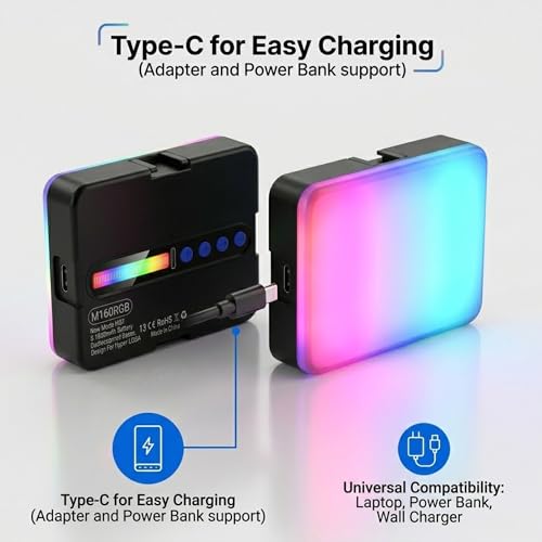 Image of M160 RGB Portable Camera Light, 6.5W LED Video Light with 360 Full Color, 2700K-6500K, Dimmable, 1800mAh Battery, for Photography, Video, Streaming, Selfie