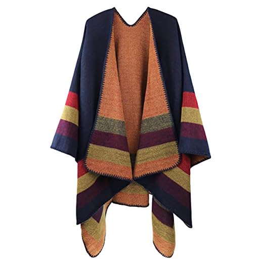 Shmily Girl Femme Cape Poncho Extra Large écharpe Châle Blanket Poncho Automne Hiver (One Size, Rayé/Bleu Marine)