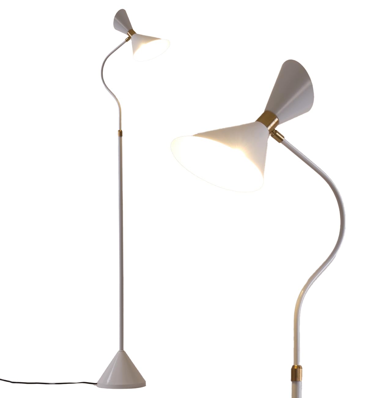 Fiqevs Industrial Floor Lamp, Modern Standing Lamp with 6W LED Bulb, Adjustable Lampshade, Foot Switch, Metal Gooseneck Reading Tall Floor Lamps for Living Room, Bedroom, Office - White